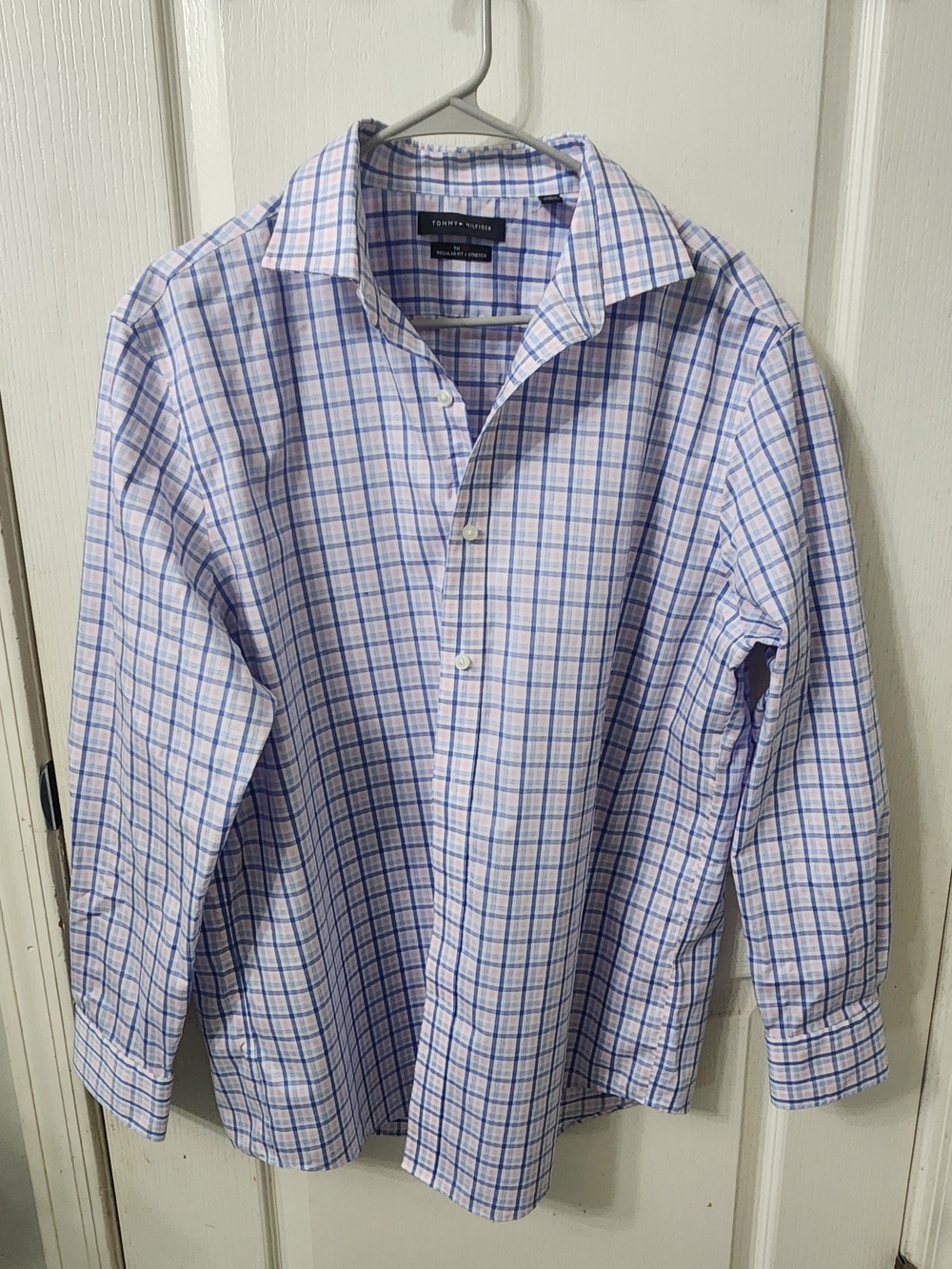 Tommy Hilfiger Men’s Light Blue, Pink and White THFLEX Dress Shirt